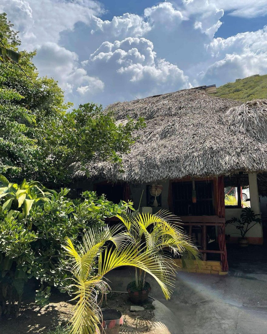 Fachada de techo de palma de la casa de campo entre la naturaleza